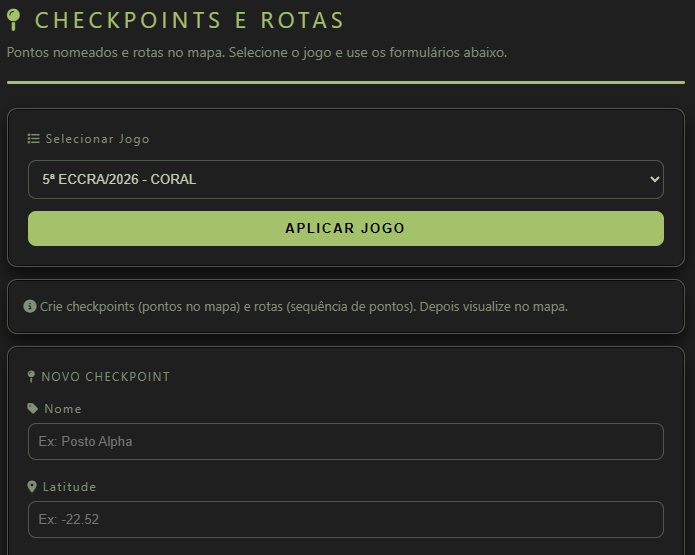 Painel Checkpoints e rotas: selecionar jogo, aviso informativo e início do formulário Novo checkpoint com nome e latitude.